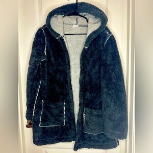 XL plush draped open front sweater with pockets